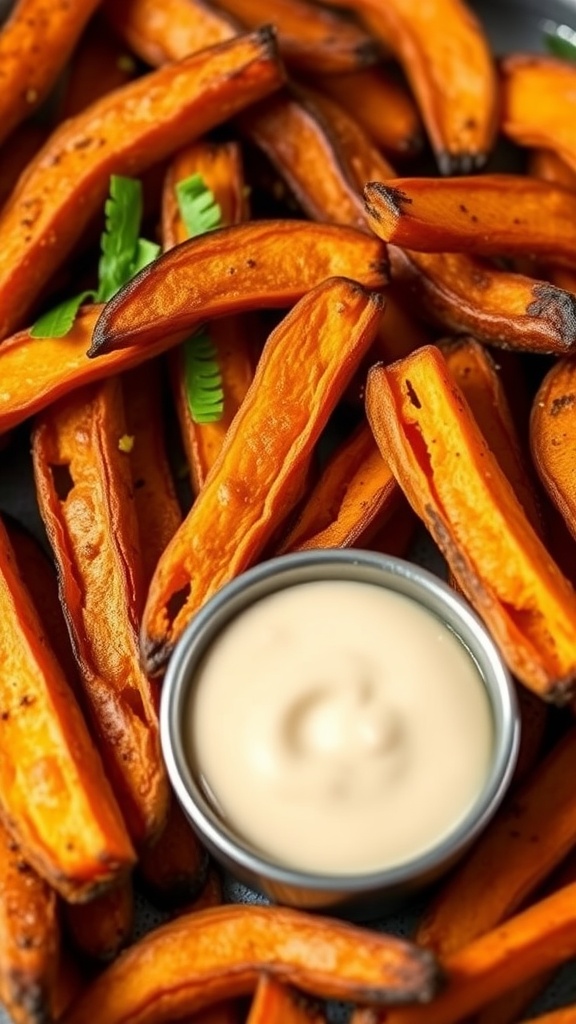 Oven-baked sweet potato fries served with a dipping sauce