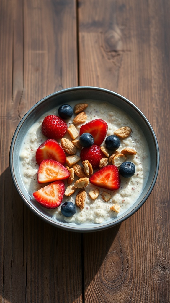 A bowl of overnight oats topped with fresh seasonal fruits and nuts.