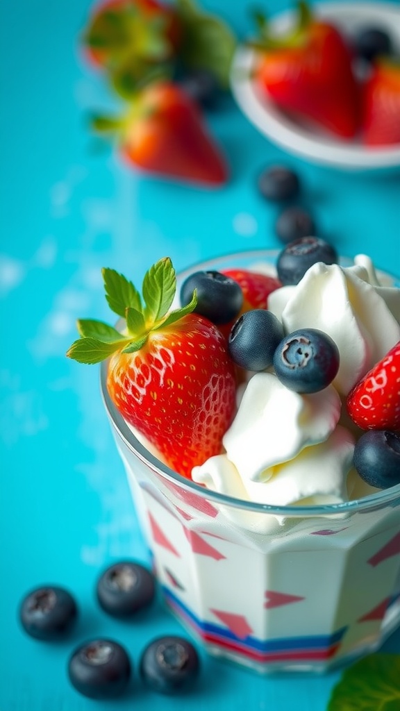 A colorful bowl of fruit salad featuring strawberries and blueberries, topped with whipped cream and mint.
