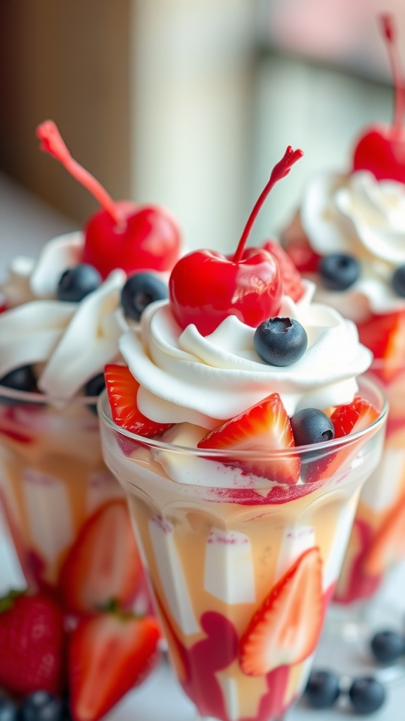 Delicious ice cream sundaes decorated with strawberries, blueberries, whipped cream, and cherries in red, white, and blue colors.