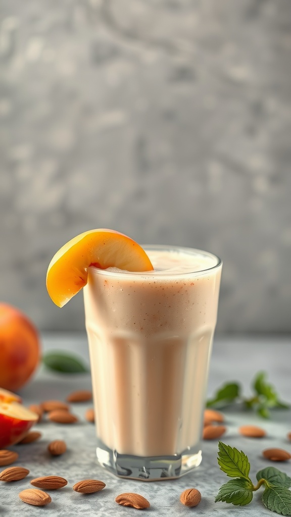 A refreshing peach and almond smoothie in a glass with a peach slice on the rim.
