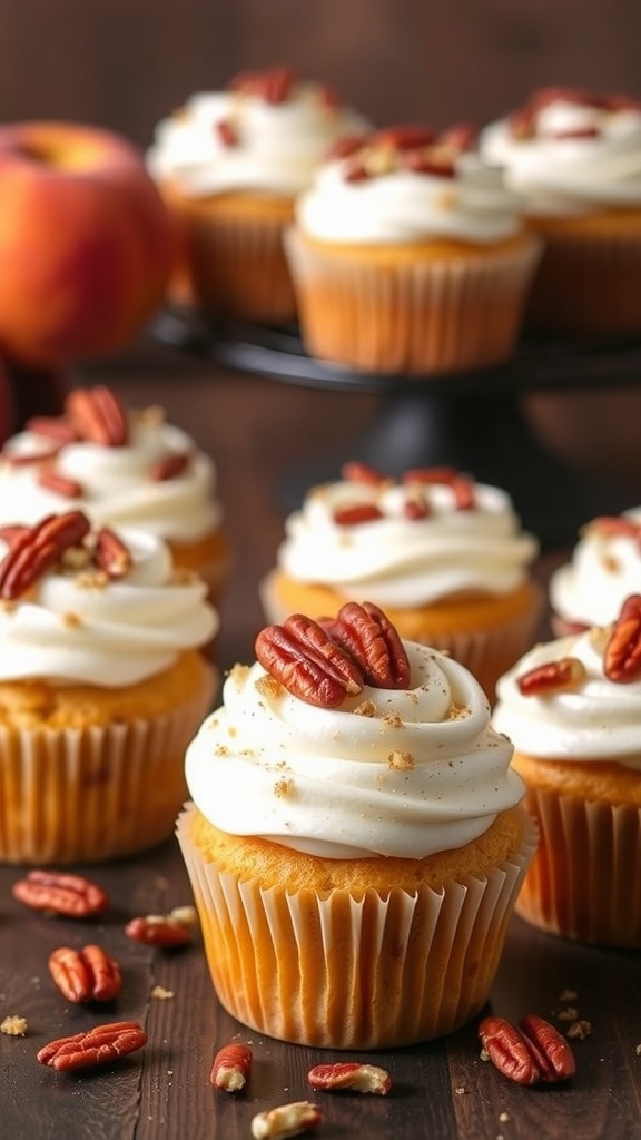 Delicious peach cobbler cupcakes topped with cream frosting and pecans, perfect for a baby shower.