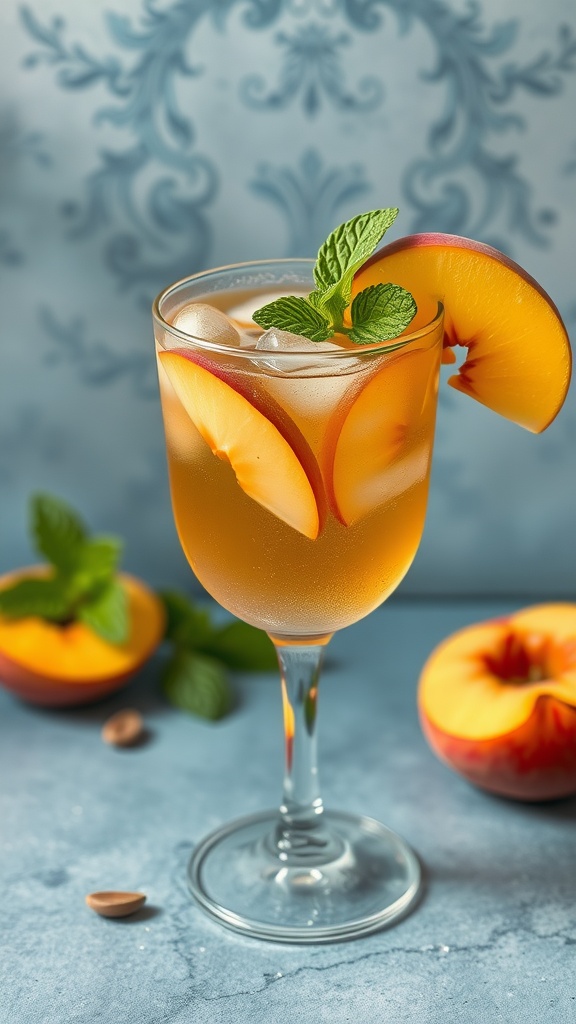 A refreshing glass of peach iced tea garnished with mint and peach slices