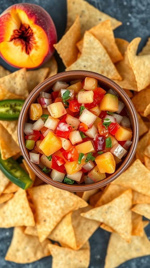 A bowl of peach salsa with tortilla chips on a wooden table outdoors.