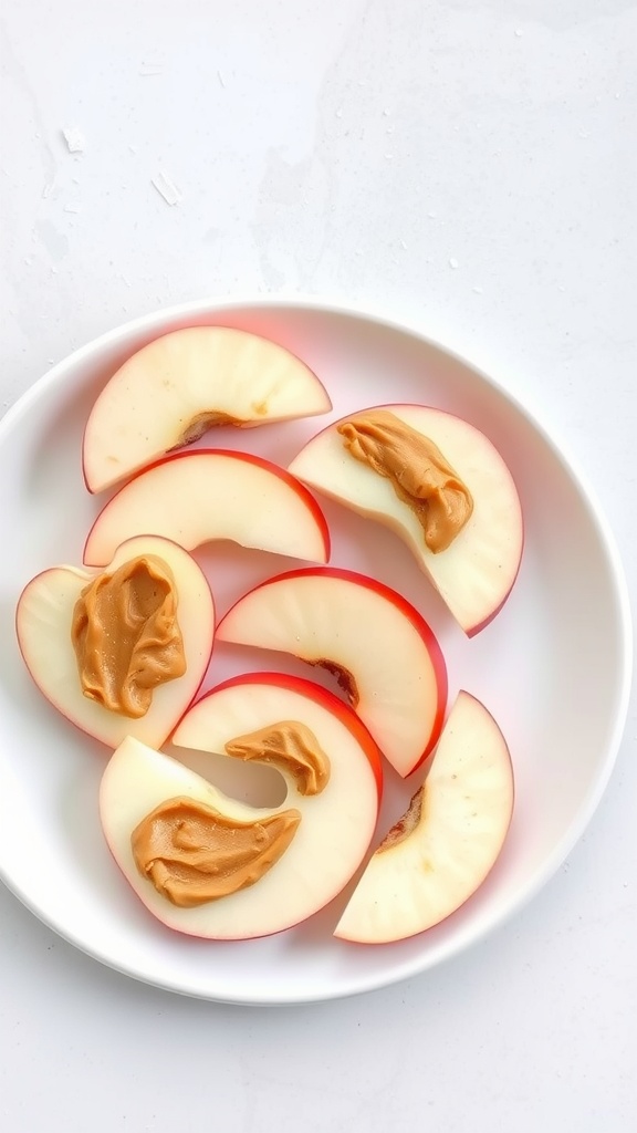 A plate of apple slices with peanut butter spread on top.