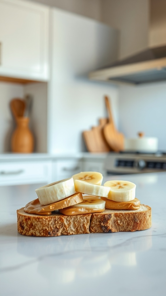 A slice of whole-grain bread topped with peanut butter and banana slices.