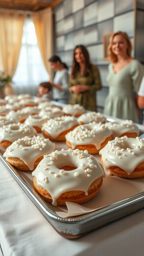 A tray of freshly made pearl-topped ambrosia donuts, beautifully arranged and ready for a toga party.