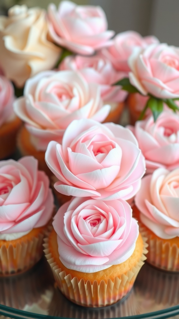 Floral-inspired cupcakes decorated with pink frosting resembling peonies.