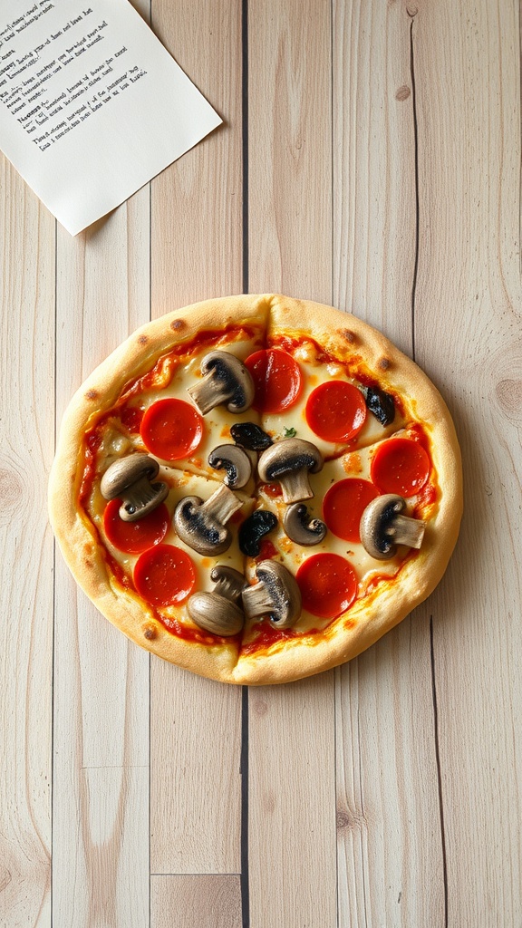 Single serving pepperoni and mushroom pizza
