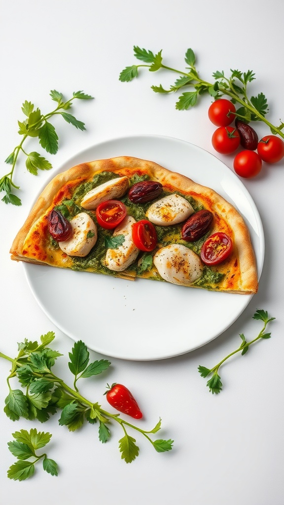A delicious pesto chicken pizza topped with sun-dried tomatoes, mozzarella cheese, and garnished with fresh herbs.