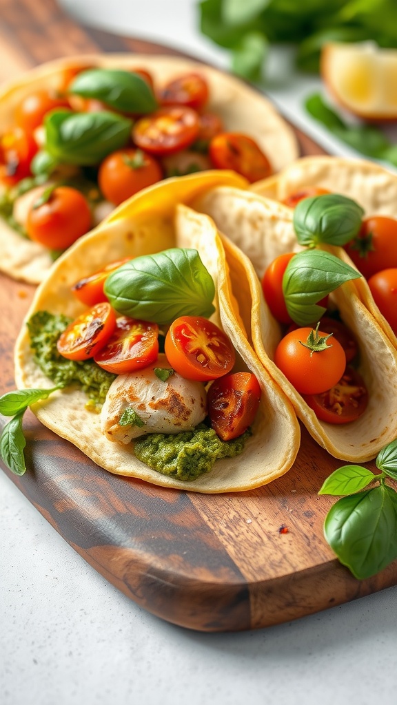 Delicious pesto chicken tacos with roasted tomatoes and fresh basil.