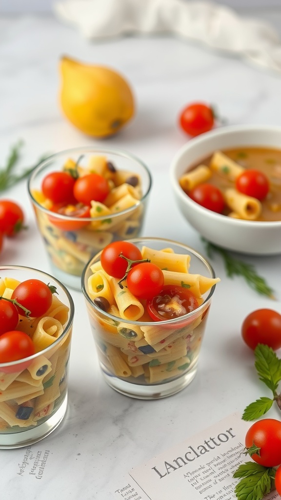 Colorful Pesto Pasta Salad Cups with cherry tomatoes and olives
