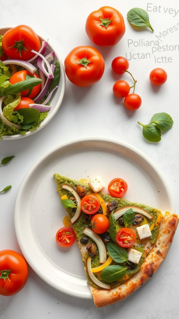 Slice of pesto veggie pizza with colorful vegetables on a plate.