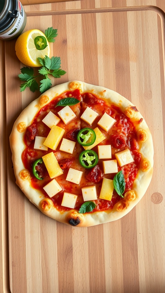 A single-serving pizza topped with pineapple chunks, jalapeño slices, and fresh basil.