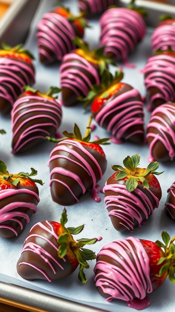 Pink chocolate dipped strawberries arranged on a tray.