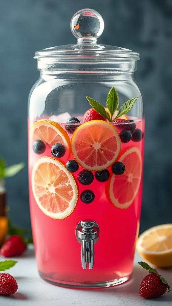 A vibrant pink punch with fresh fruit slices and berries.