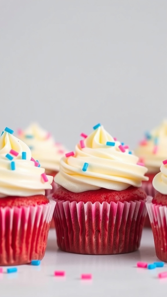 Delicious pink velvet cupcakes with cream cheese frosting and colorful sprinkles.