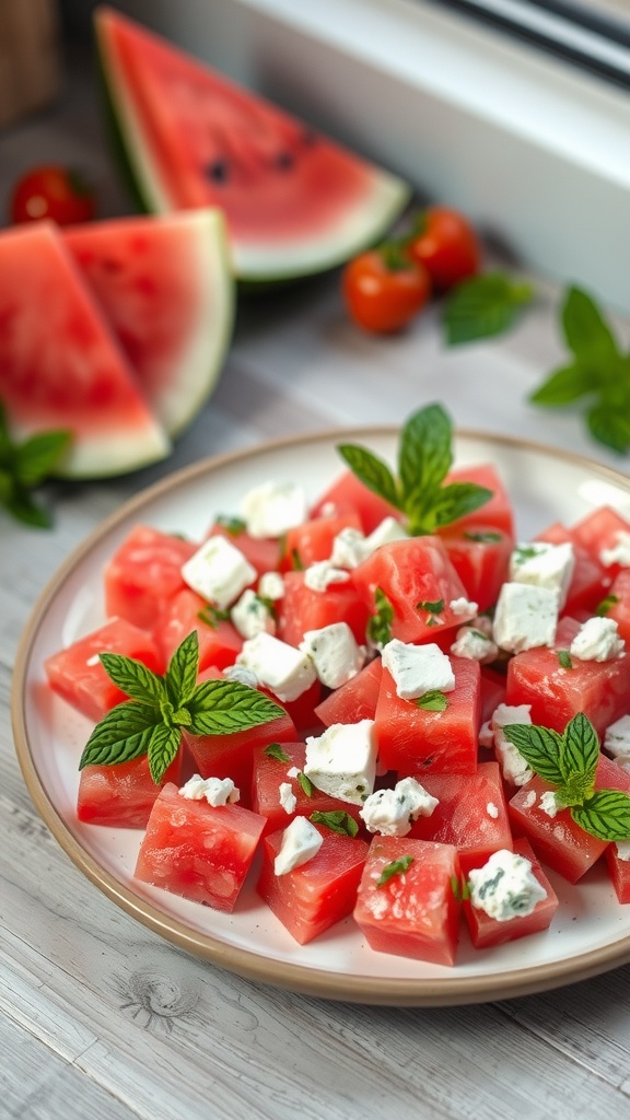 A refreshing pink watermelon salad with feta cheese and mint.