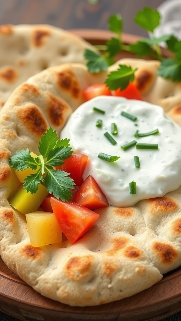 Pita bread served with tzatziki sauce and fresh vegetables.