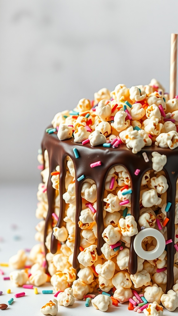 Popcorn cake topped with chocolate drizzle and colorful sprinkles.