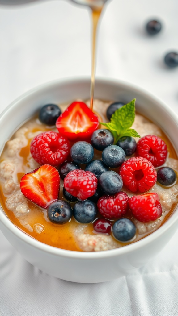 A bowl of creamy porridge topped with fresh mixed berries and a drizzle of honey.