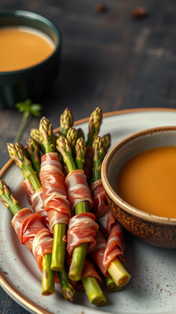 Prosciutto-wrapped asparagus on a plate with a dipping sauce.