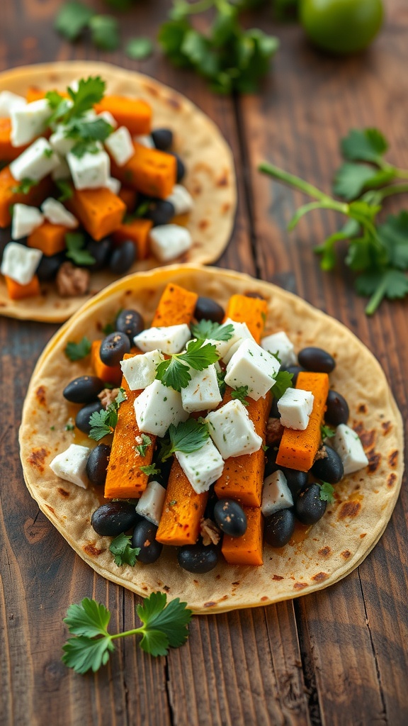Delicious pumpkin and black bean tacos with feta cheese and cilantro on a wooden table.