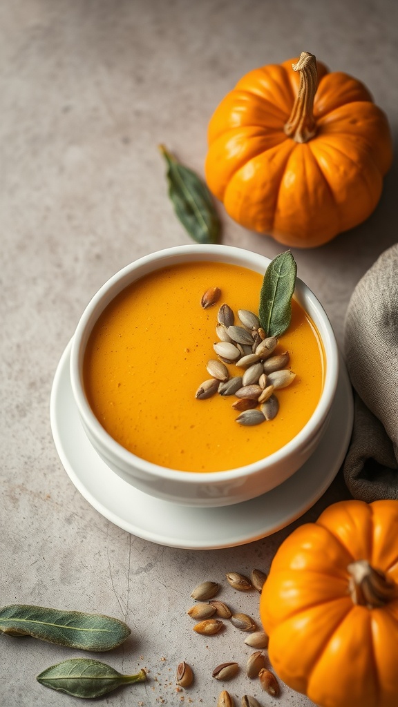 A bowl of creamy pumpkin and sage bisque garnished with pumpkin seeds and sage leaves.