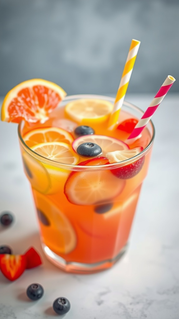 A refreshing glass of Rainbow Fruit Punch with fruit slices and colorful straws.