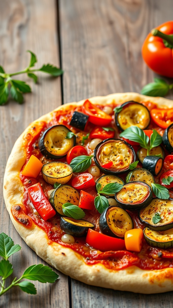 A vibrant ratatouille pizza topped with colorful vegetables.