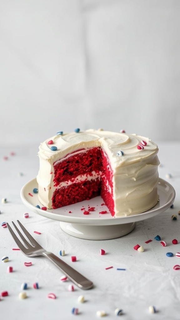 A beautifully decorated red velvet cake with cream cheese frosting and festive toppings.