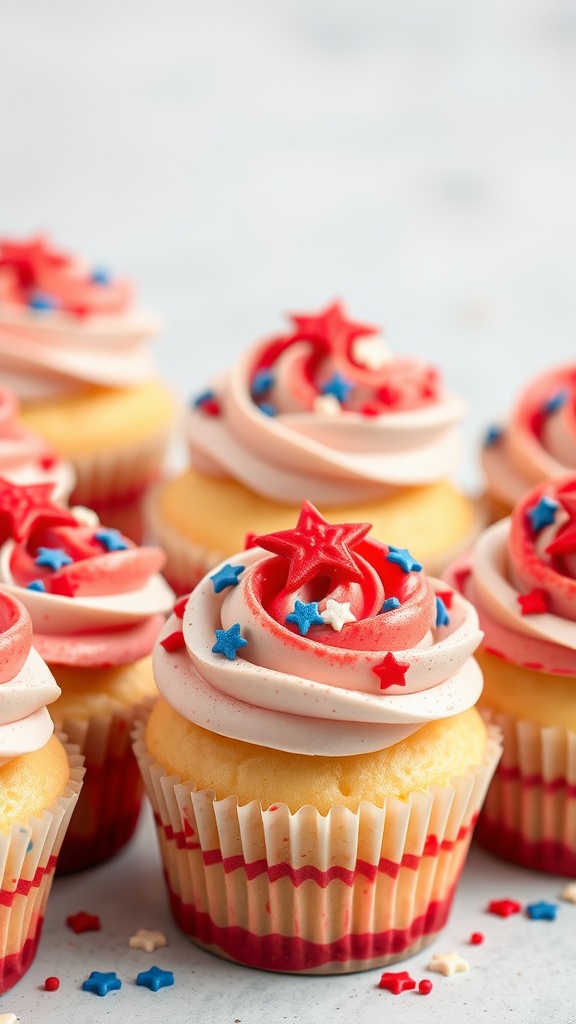Red, white, and blue cupcakes decorated with star sprinkles.