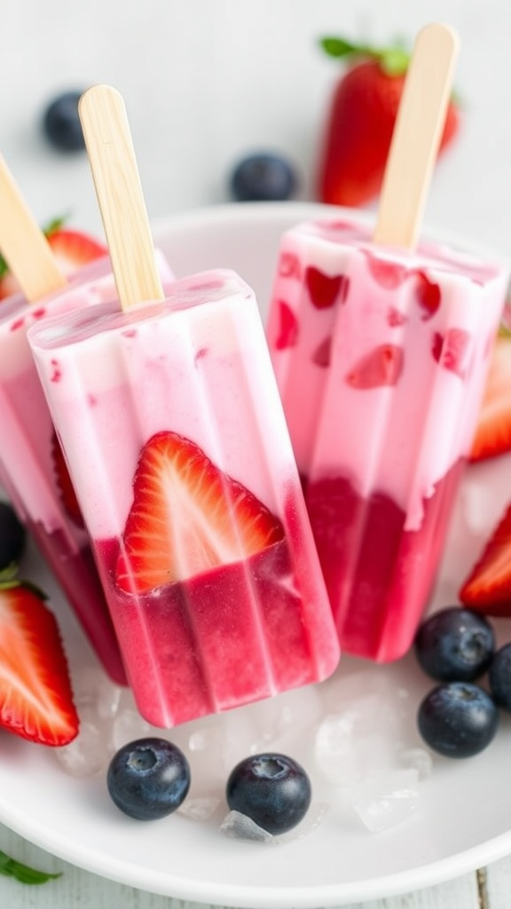 Two red, white, and blue popsicles with strawberries and blueberries around them