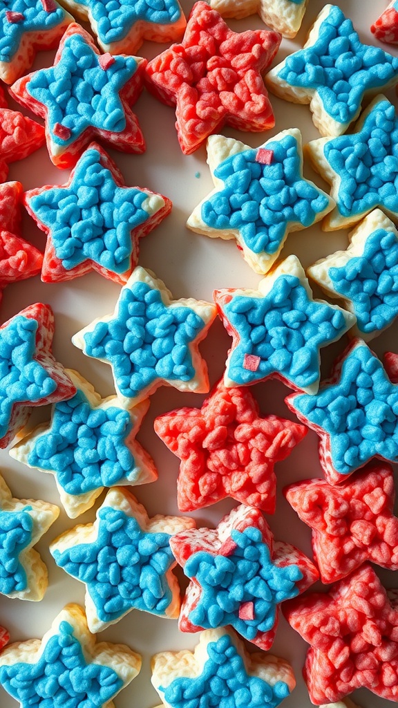 Star-shaped Rice Krispie treats in red, white, and blue colors.