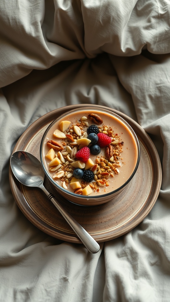 A smoothie bowl topped with nuts and fruits on a wooden tray, surrounded by soft bedding.