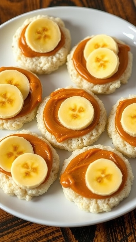 Healthy rice cake snacks topped with peanut butter and banana slices
