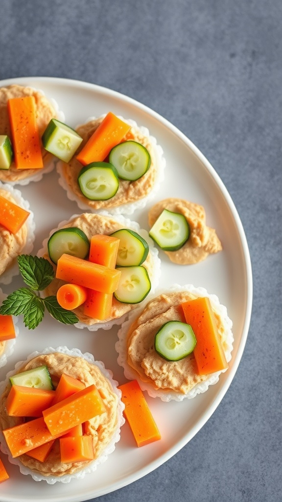 Rice cakes topped with hummus, cucumber slices, and carrot sticks on a plate.