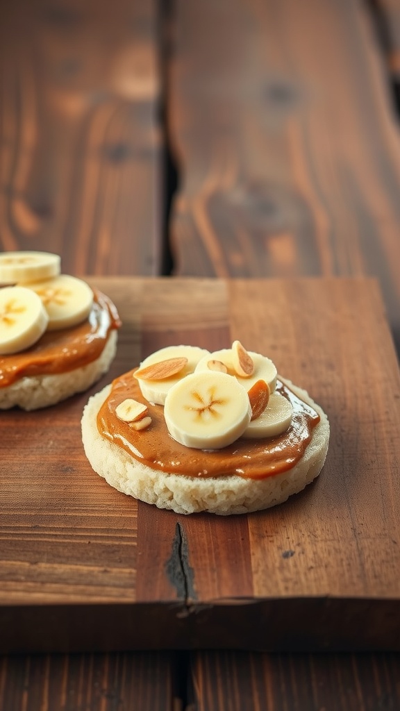 Rice cakes topped with nut butter and banana slices