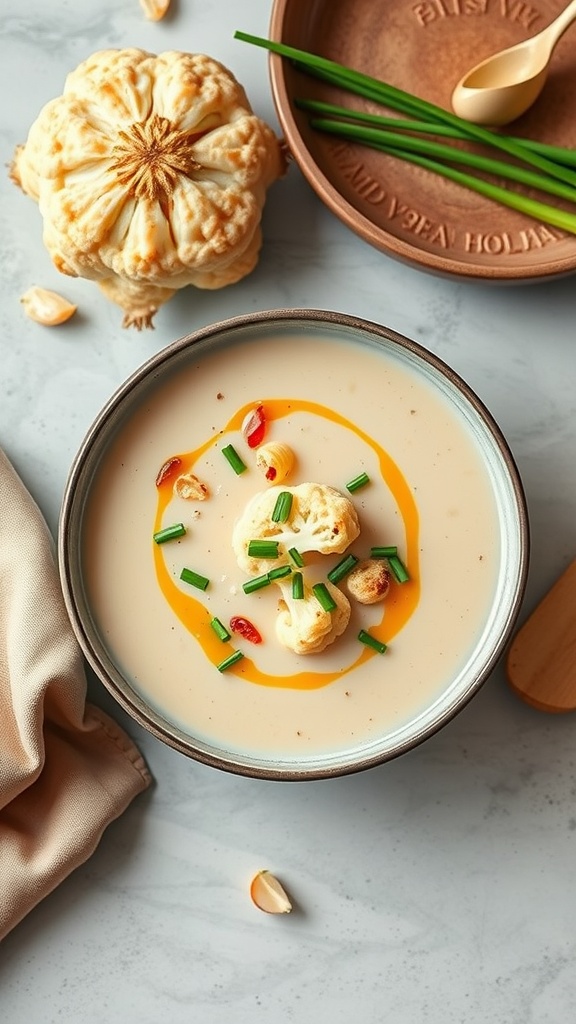 Delicious bowl of roasted cauliflower and garlic soup garnished with herbs.