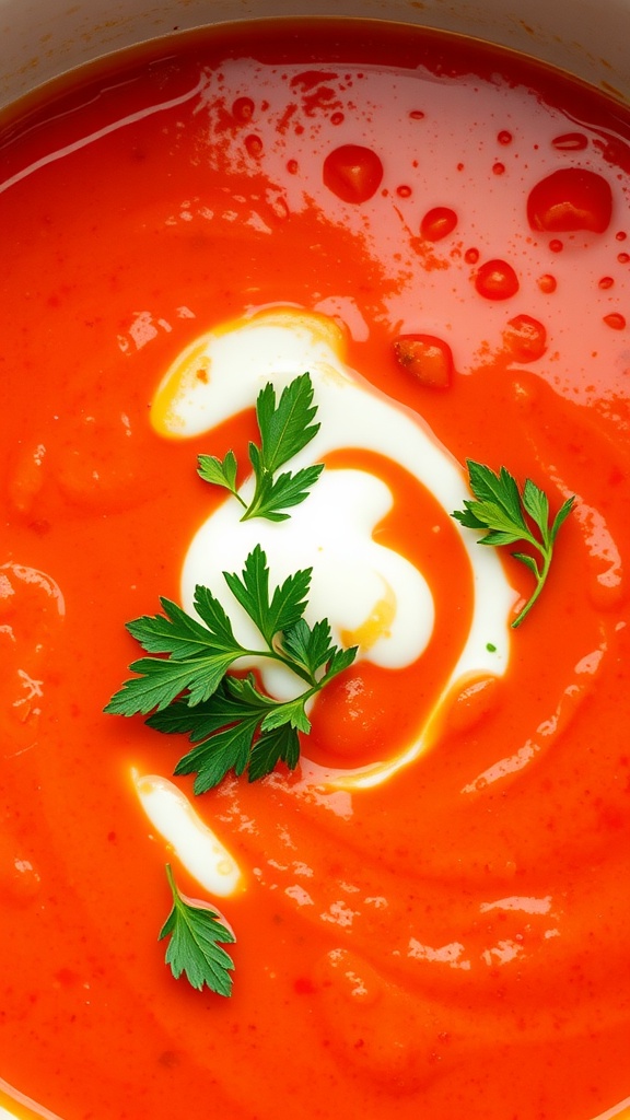 A bowl of creamy roasted red pepper and tomato soup with a swirl of cream and fresh herbs on top.