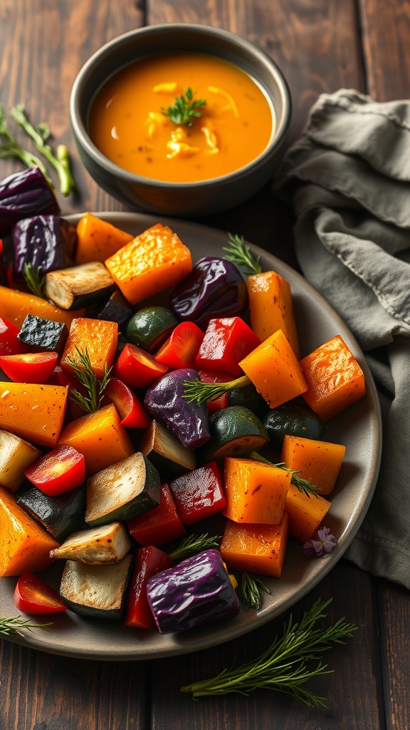 A colorful platter of roasted vegetables including butternut squash, zucchini, bell peppers, purple cabbage, cherry tomatoes, and eggplant, served alongside a bowl of soup.
