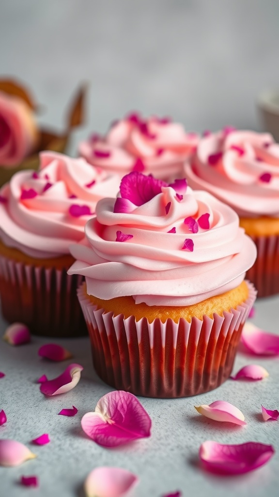 Rose petal cupcakes with pink frosting and flower petal decoration.