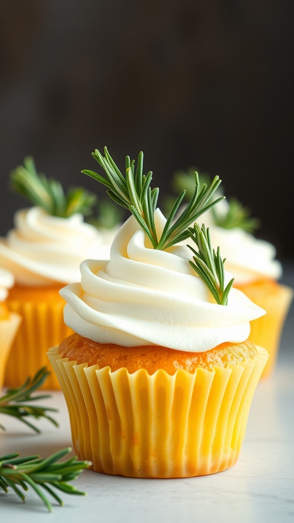 Rosemary and lemon cupcakes with creamy frosting and garnished with fresh rosemary
