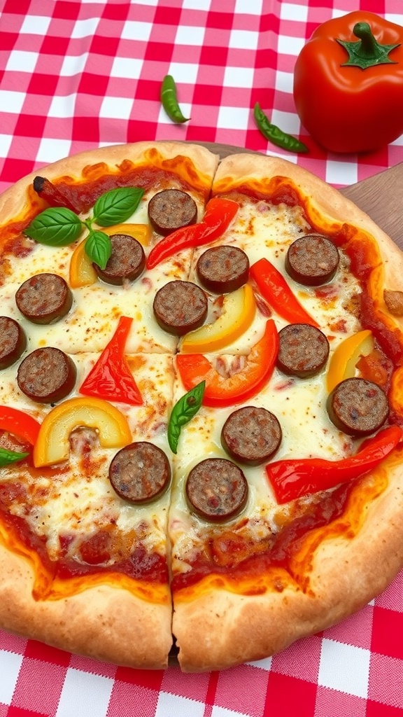 Sausage and Peppers Pizza with colorful bell peppers and sausage on a checkered tablecloth