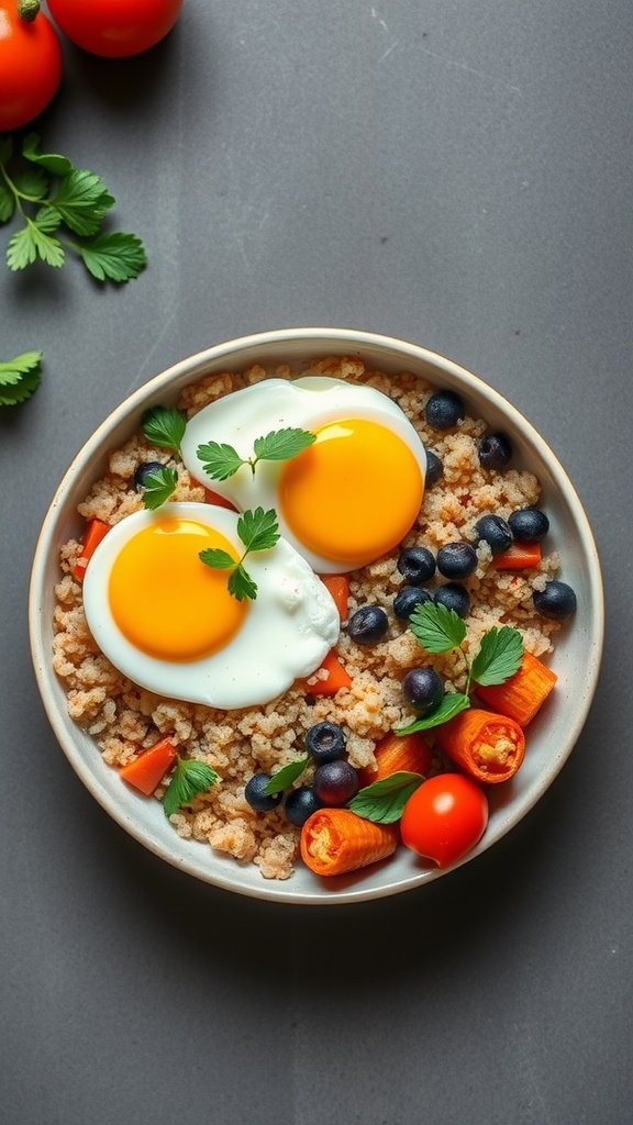 Savory breakfast bowl featuring quinoa, eggs, cherry tomatoes, and blueberries