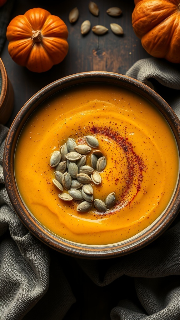 A bowl of creamy butternut squash soup garnished with pumpkin seeds.