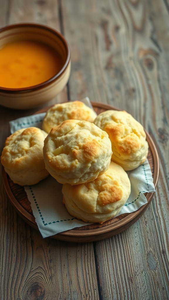 Savory cheddar biscuits on a wooden plate with a bowl of soup