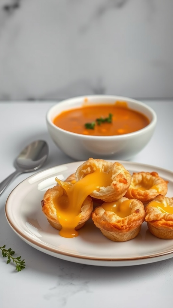 Savory cheese puff pastry bites on a plate with soup in the background.