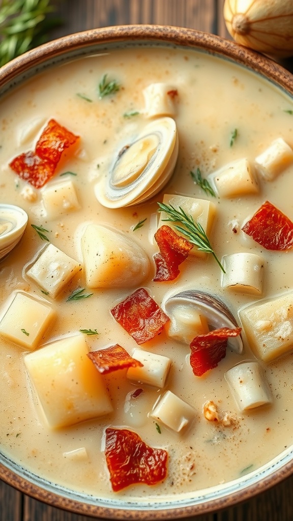 A bowl of clam chowder with bacon, featuring clams, diced potatoes, and crispy bits of bacon in a creamy broth.