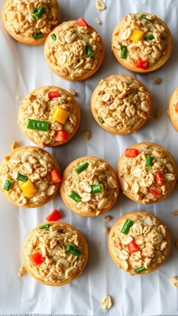 Savory oatmeal bites with colorful vegetables on a white surface.
